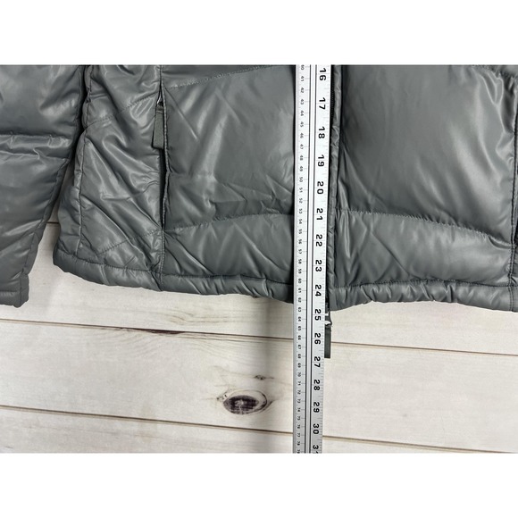 Athleta Down Puffer Jacket Womens Medium Gray Removable Hood Print Ski Outdoor - Picture 7 of 9